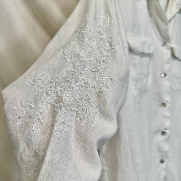 Edward Irish Linen Women’s S Blouse Button Down White Floral Beaded 3/4 Sleeve - Picture 4 of 10